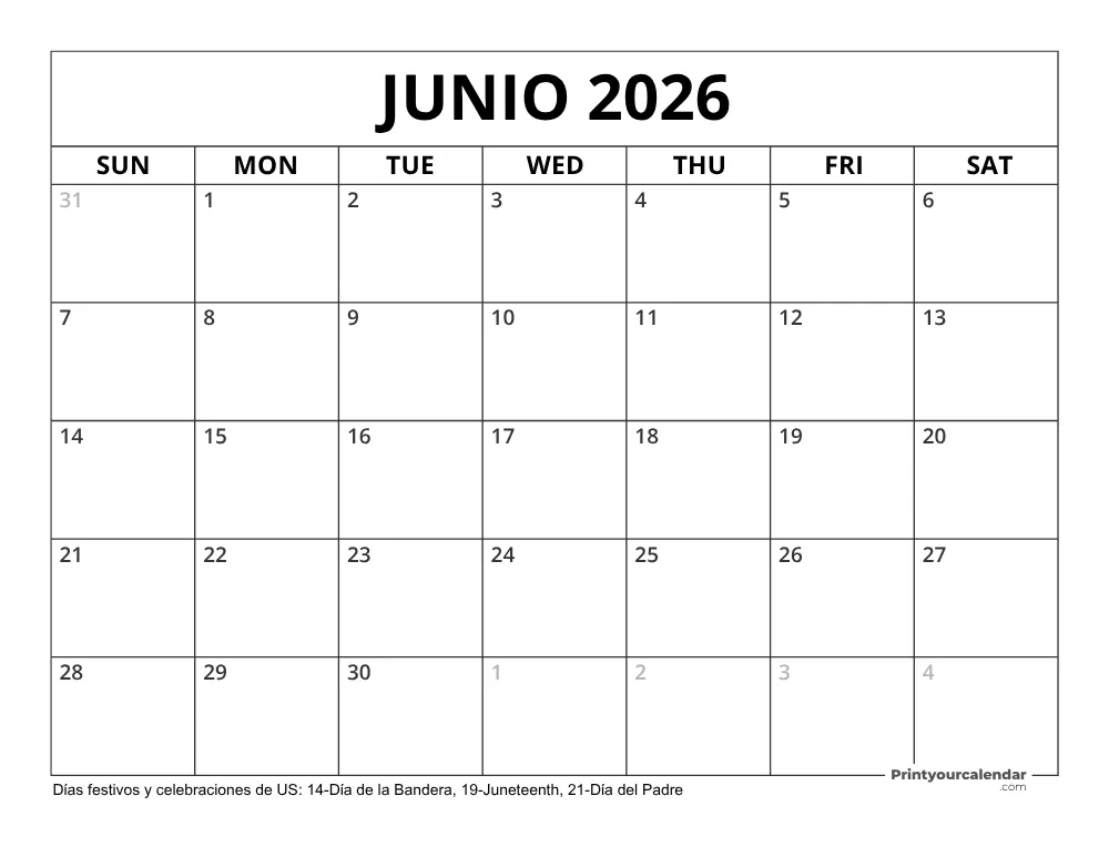 Calendario Junio 2026 con Días Feriados