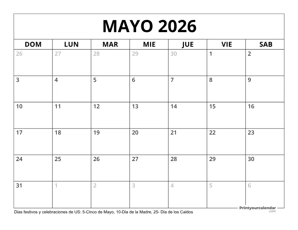 Calendario Mayo 2026 con Días Feriados
