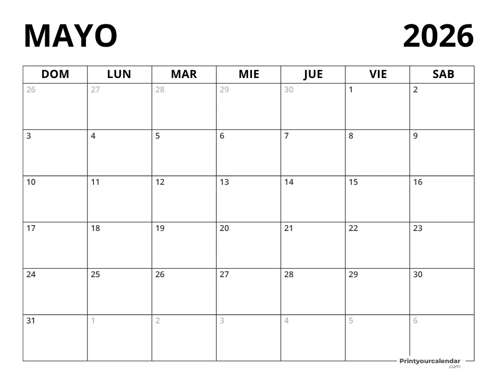 Calendario Mayo 2026 en blanco
