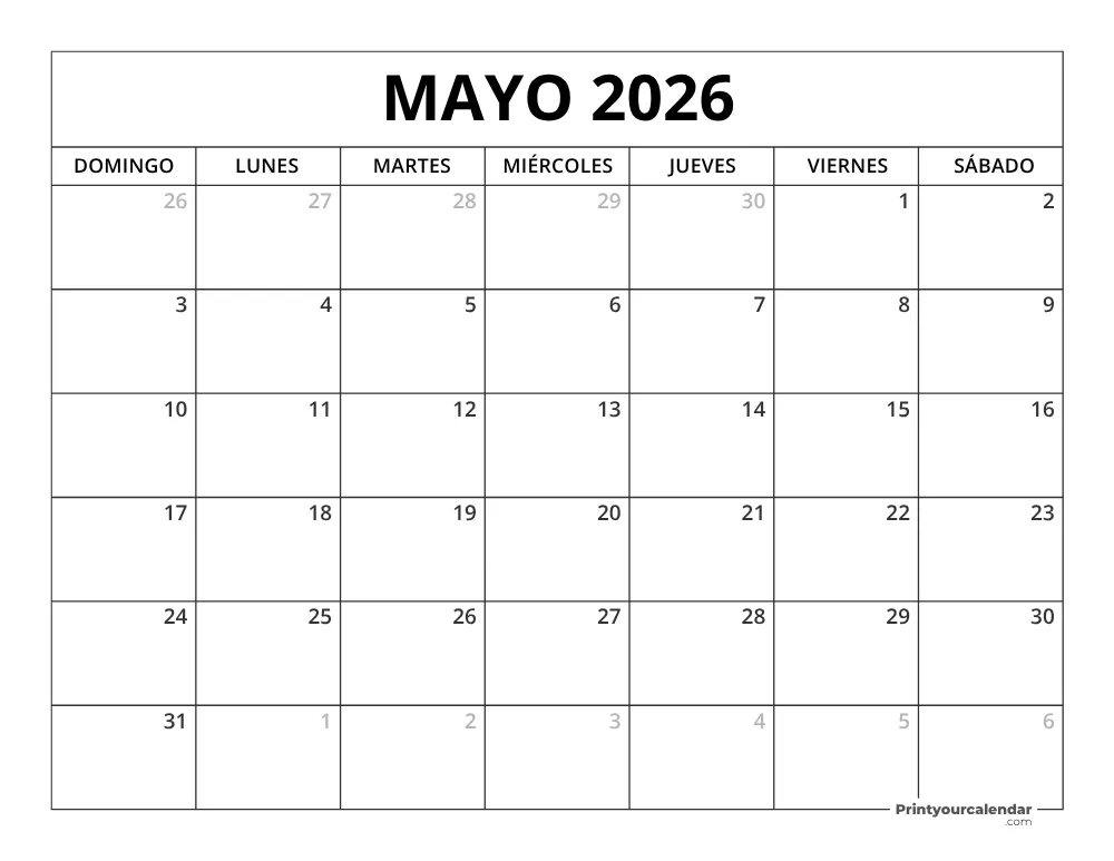 Calendario Mayo 2026 Para Imprimir