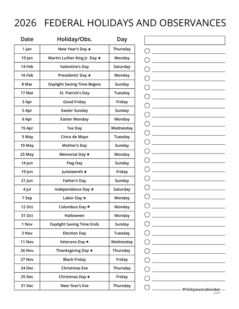 Complete List of US Federal Holidays 2026