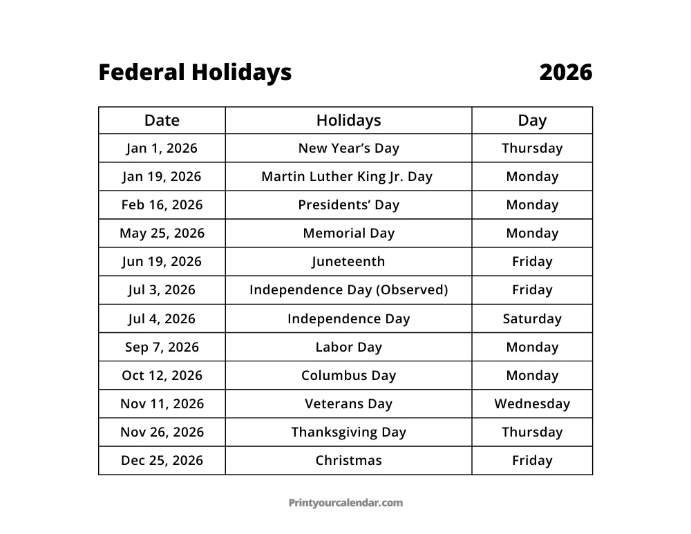 Federal Holidays 2026 Free Printable