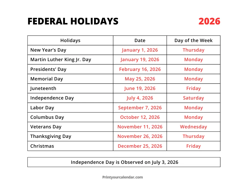 Federal Holidays 2026 Printable