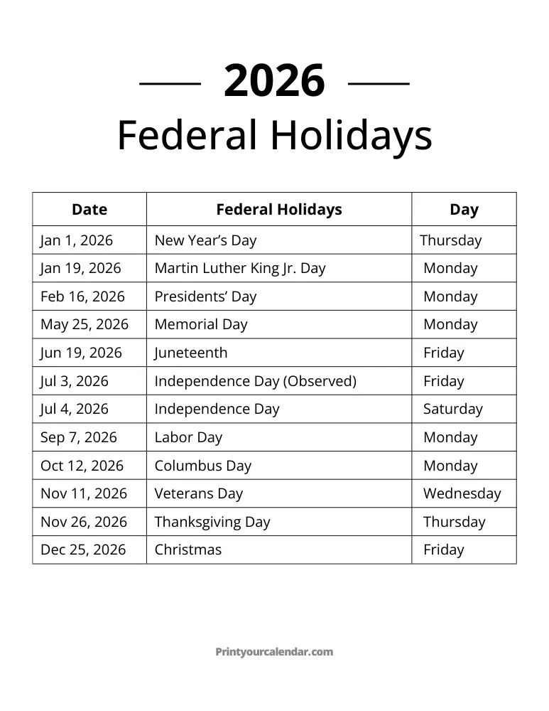 Federal Holidays 2026