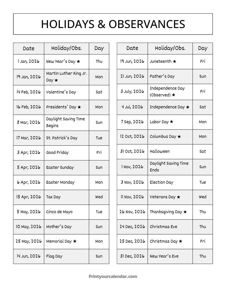 Federal Holidays and Observances 2026