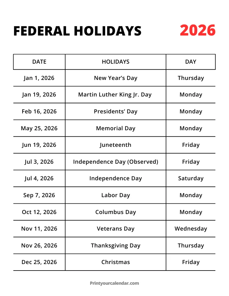 Free Printable Federal Holidays 2026