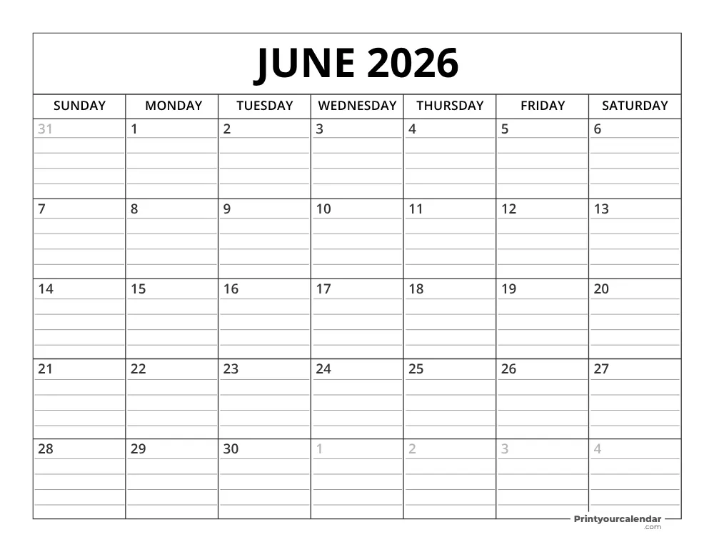 June 2026 Calendar Template