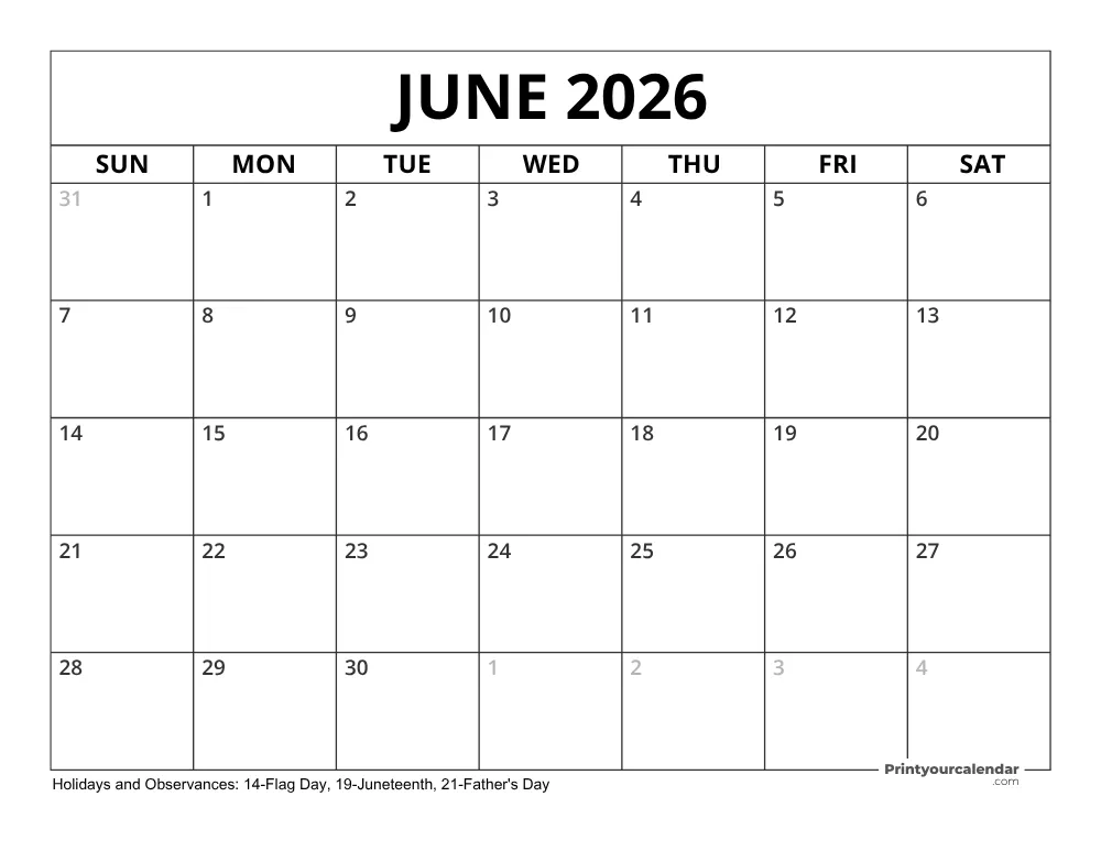 June 2026 Calendar with Holidays