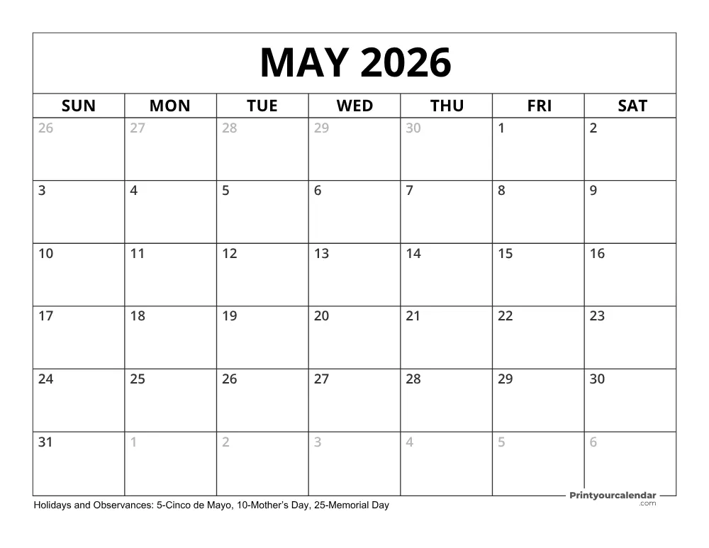 May 2026 Calendar with Holidays