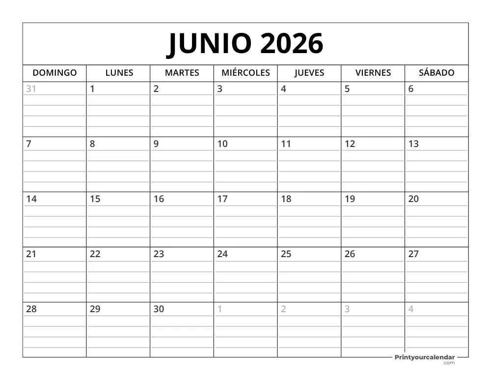 Plantilla de Calendario Junio de 2026