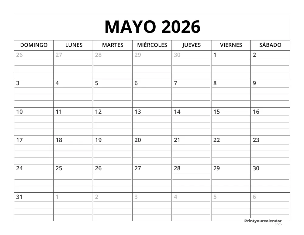 Plantilla de Calendario Mayo de 2026