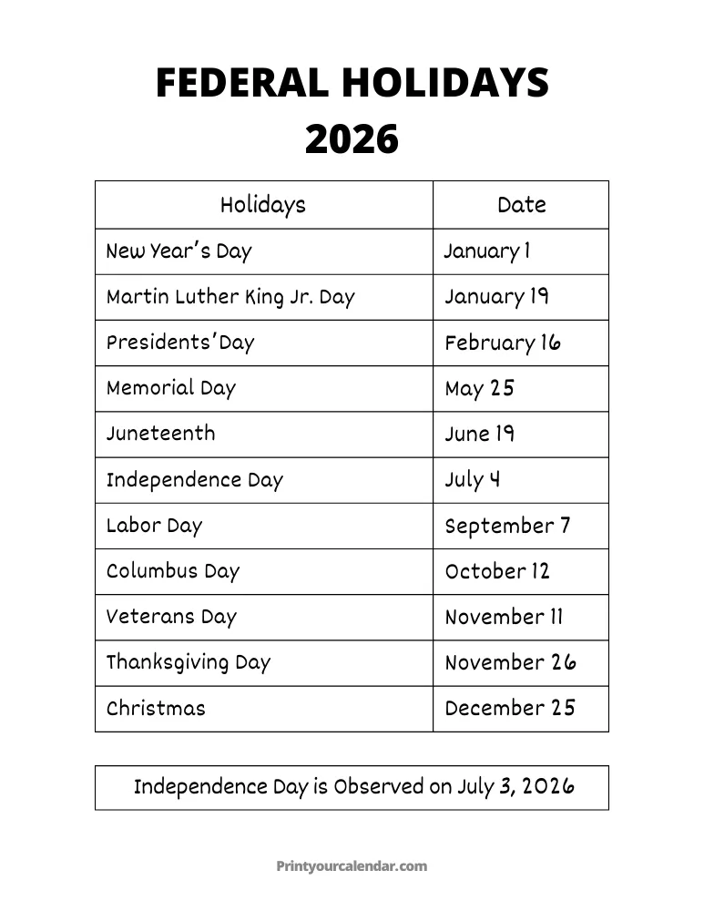 Printable Federal Holidays 2026