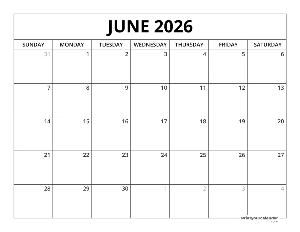 Printable June 2026 Calendar