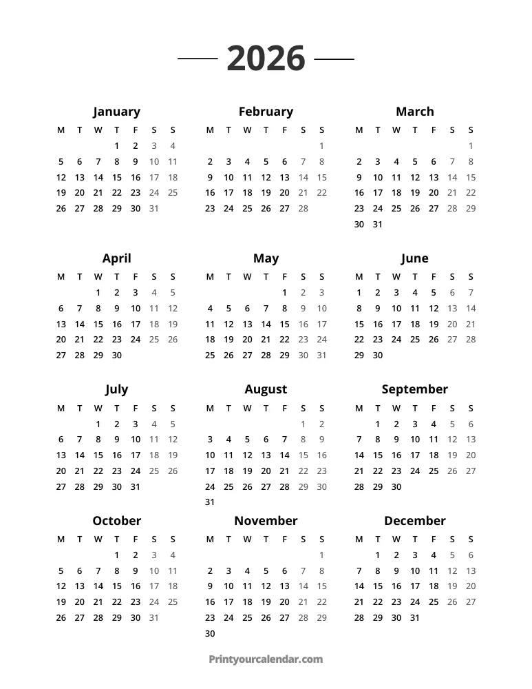 2026 Calendar Monday Start