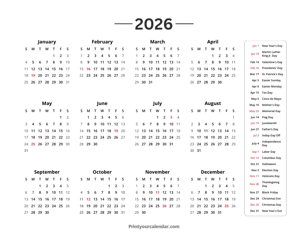 2026 Calendar with Holidays