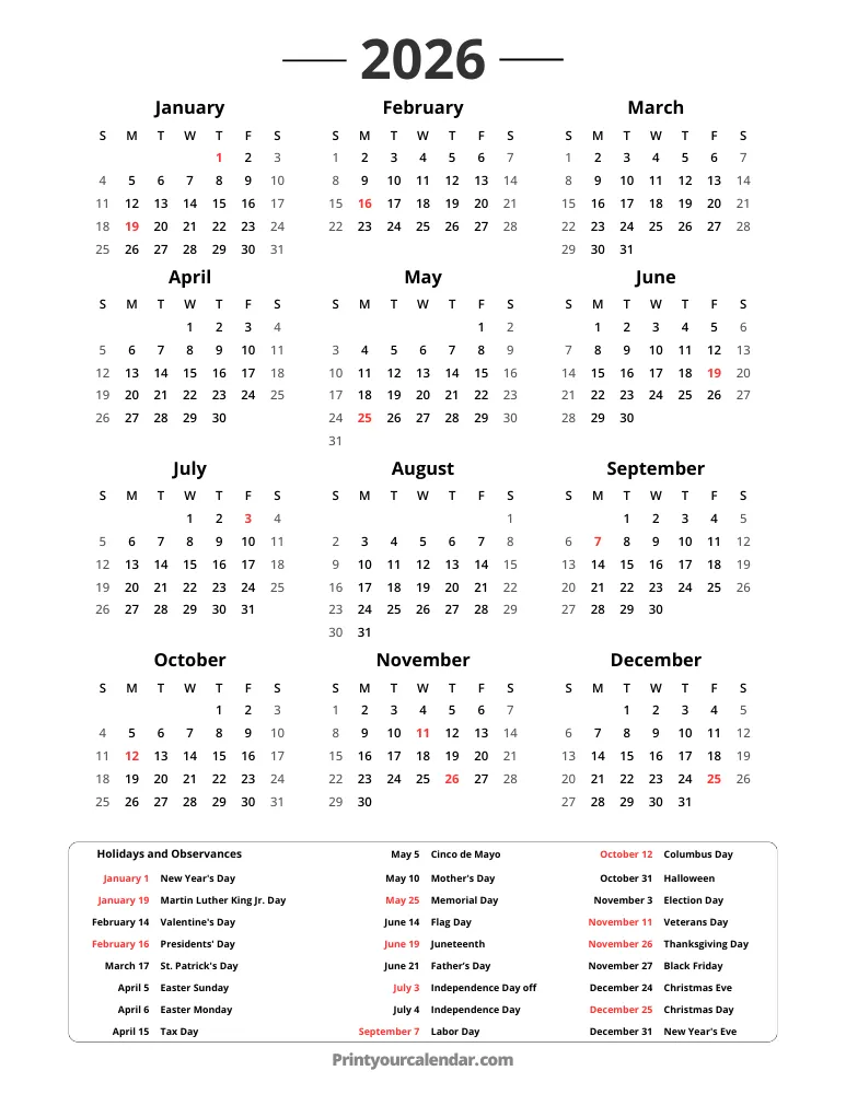 2026 Holiday Calendar