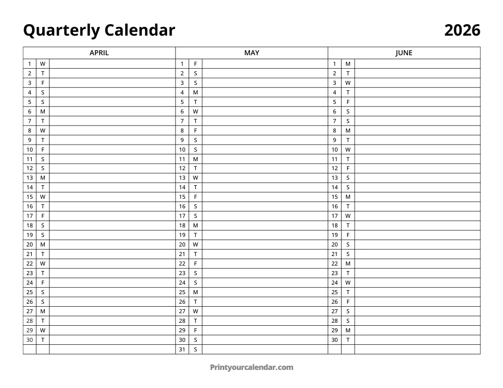 2026 Quarterly Calendar Q2