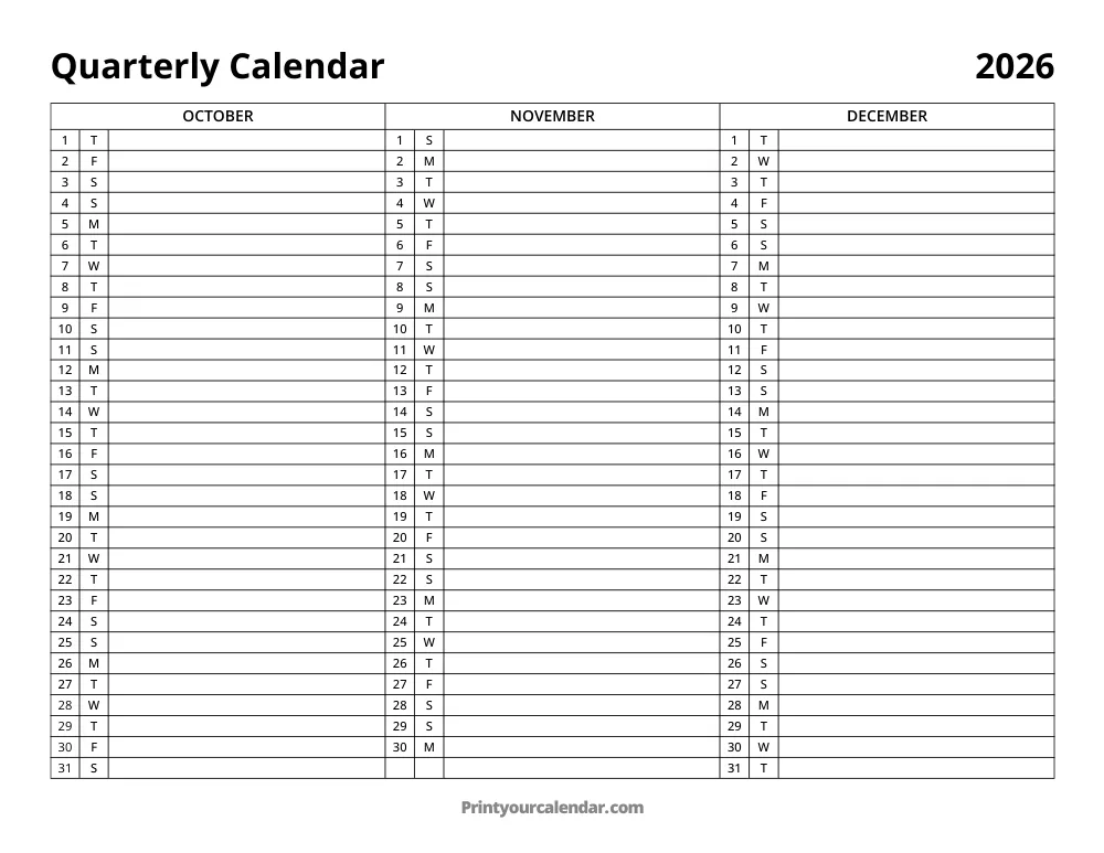 2026 Quarterly Calendar Q4