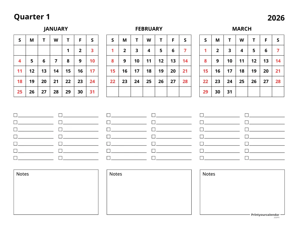 2026 Three Month Calendar Q1