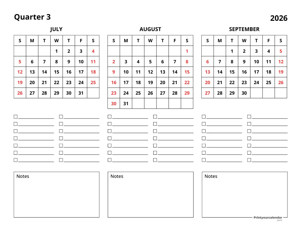 2026 Three Month Calendar Q3