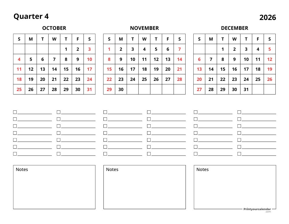 2026 Three Month Calendar Q4