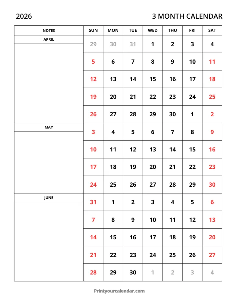 3 Month Calendar 2026 Apr-Jun