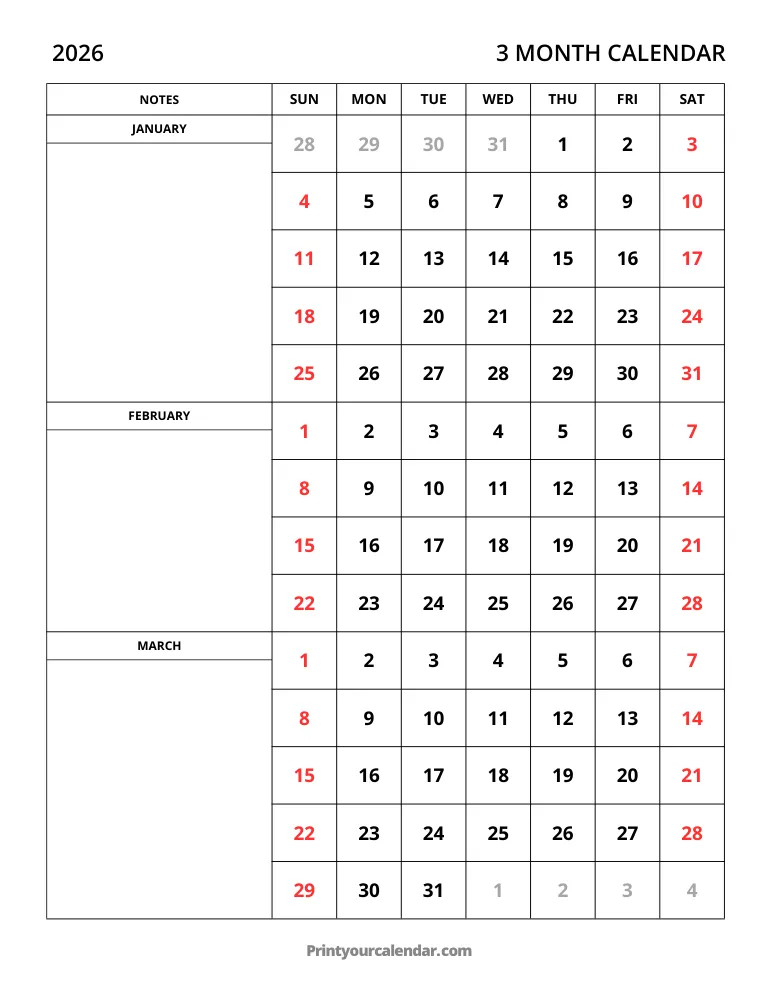 3 Month Calendar 2026 Jan-Mar