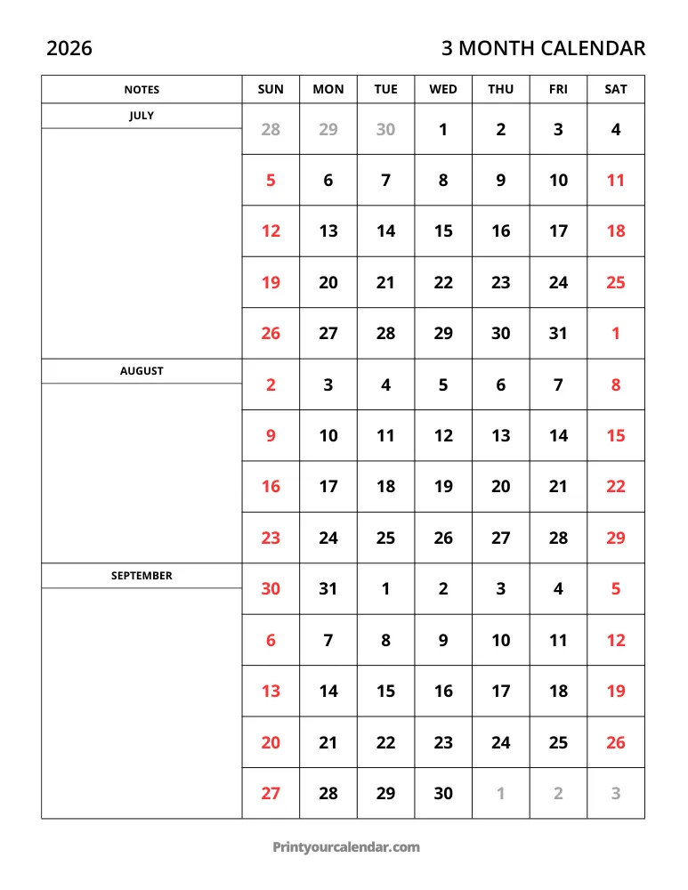 3 Month Calendar 2026 Q3