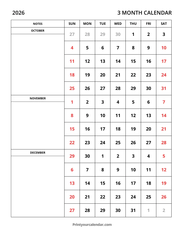 3 Month Calendar 2026 Oct-Dec