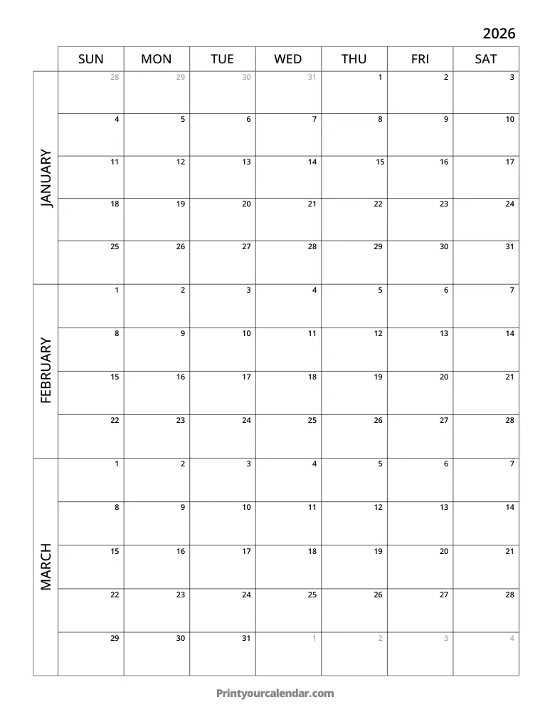 3 Month Calendar 2026 Q1