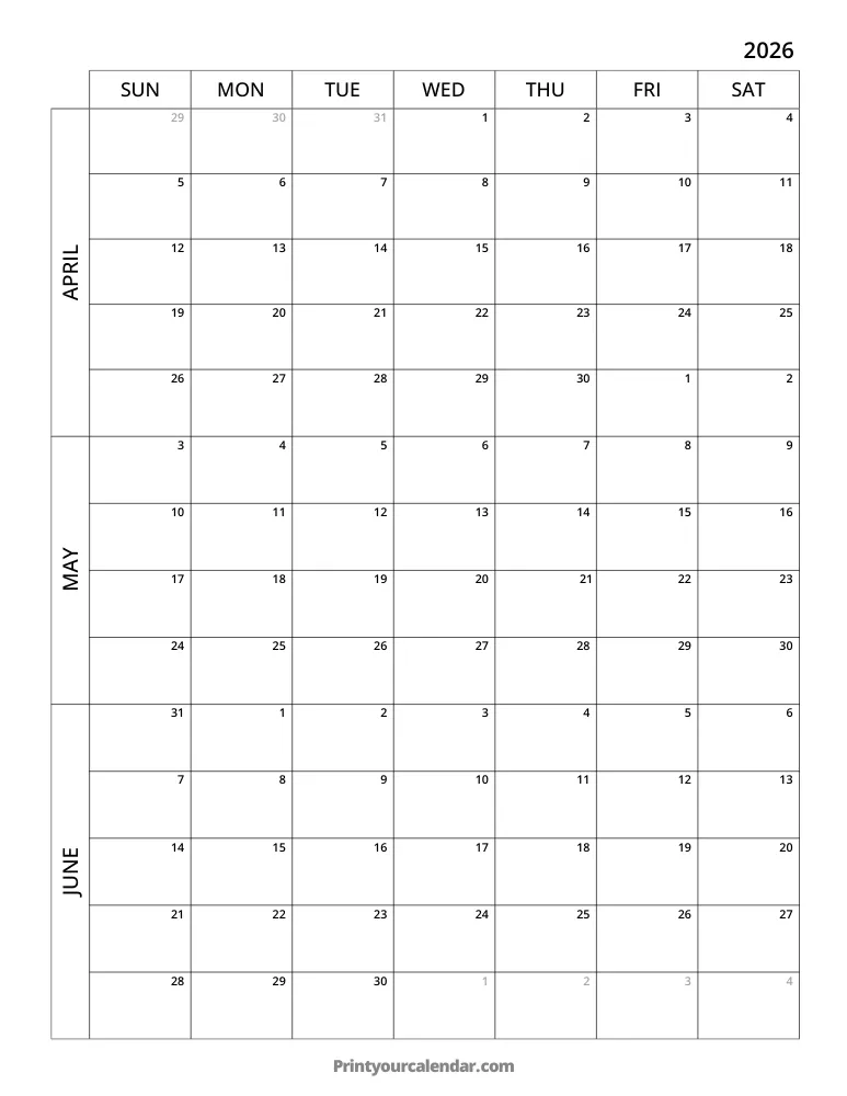 3 Month Calendar 2026 Q2