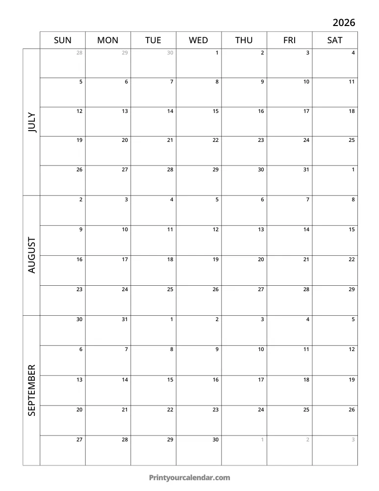 3 Month Calendar 2026 Q3