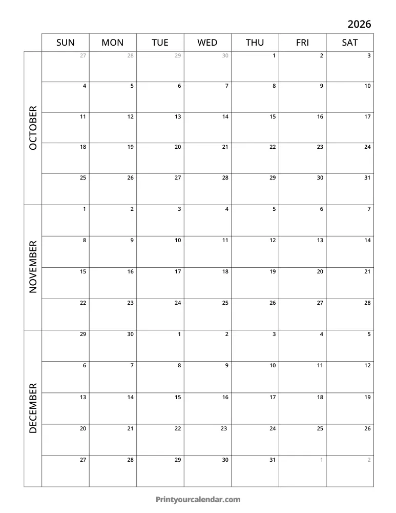 3 Month Calendar 2026 Q4