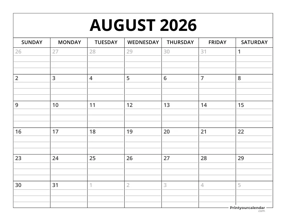August 2026 Calendar Template
