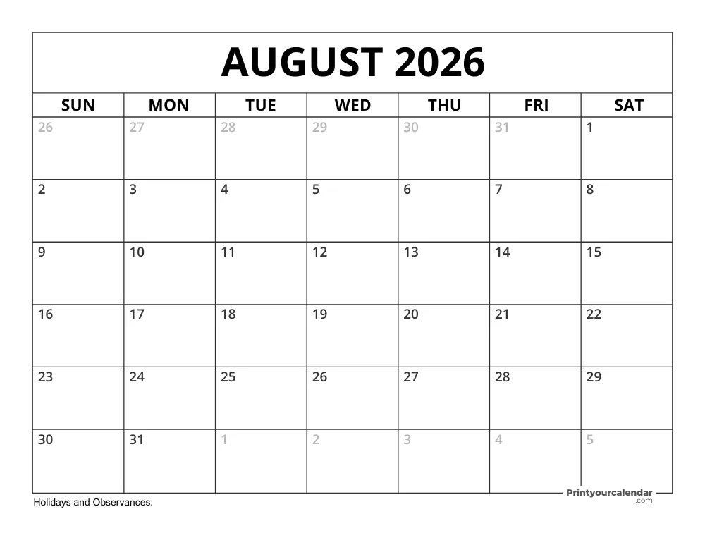 August 2026 Calendar with Holidays