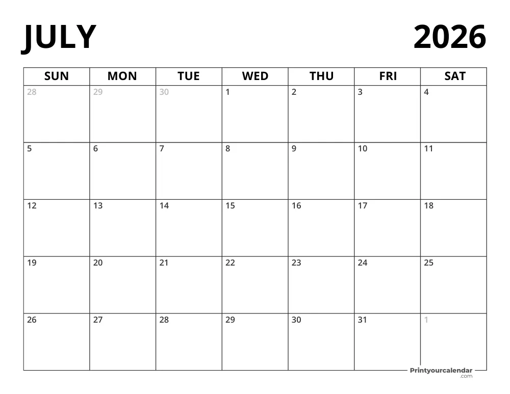Blank July 2026 Calendar