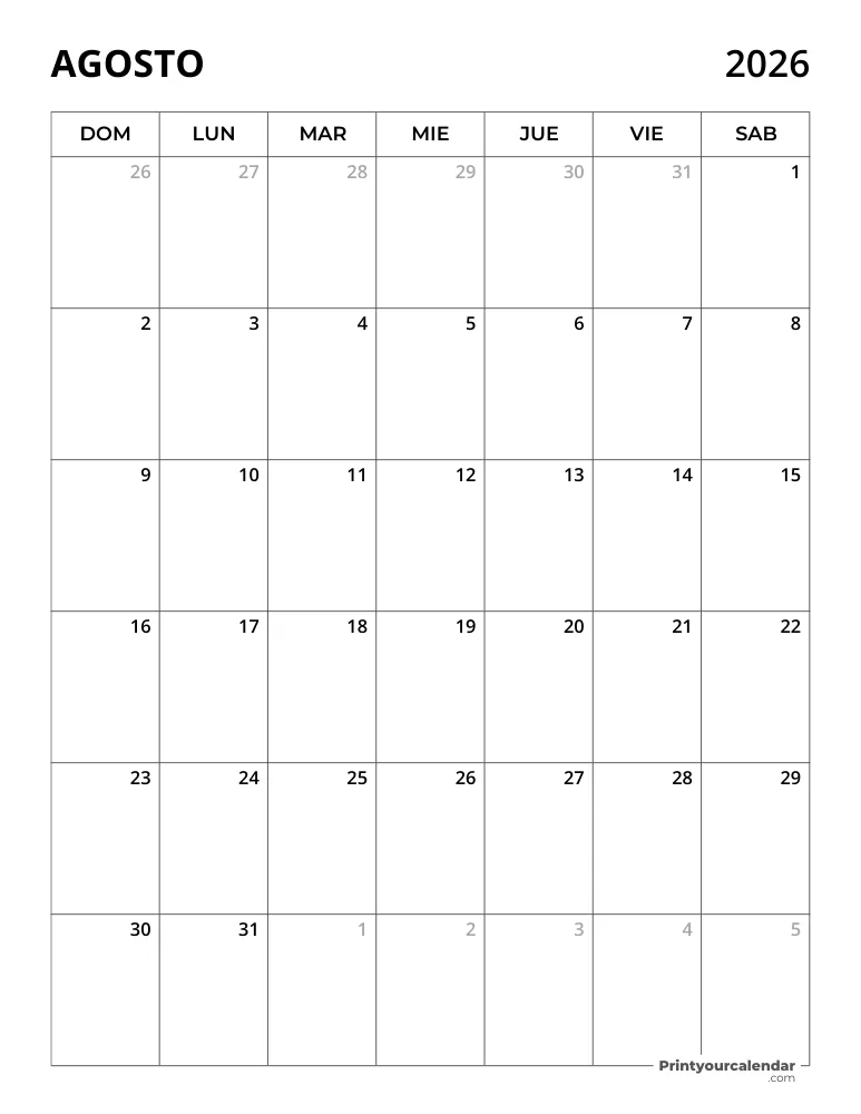 Calendario 2026 Agosto