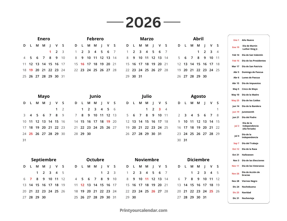 Calendario 2026 con Festivos
