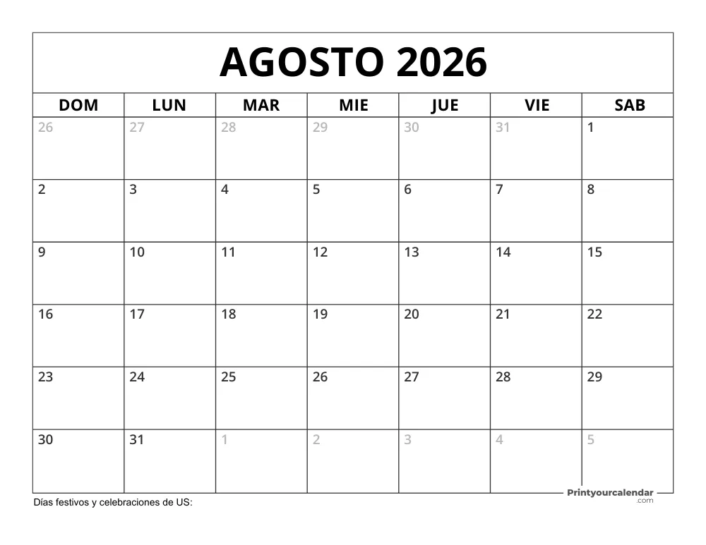 Calendario Agosto 2026 con Días Feriados