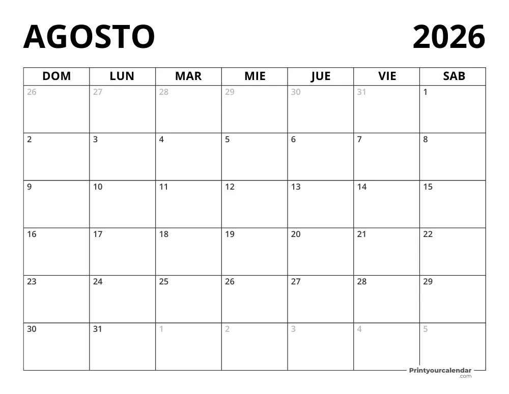 Calendario Agosto 2026 en blanco