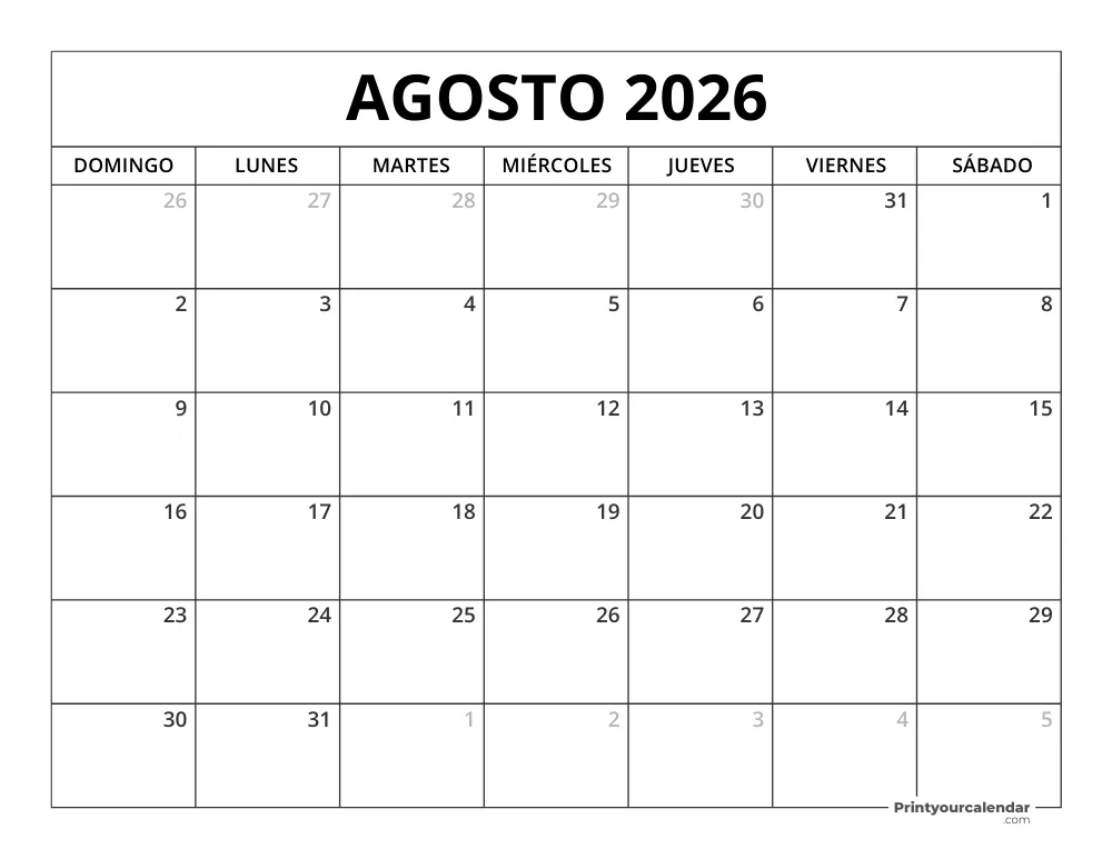 Calendario Agosto 2026 Para Imprimir Gratis