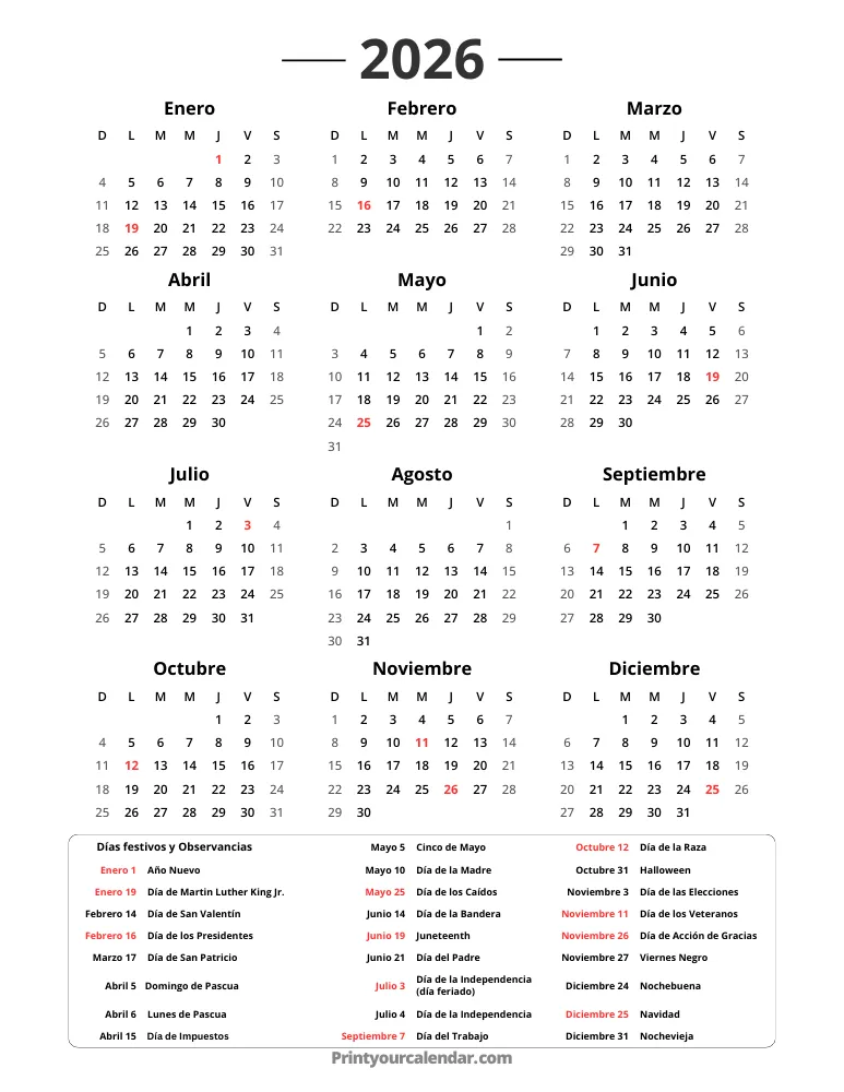 Calendario Año 2026 con Días Festivos
