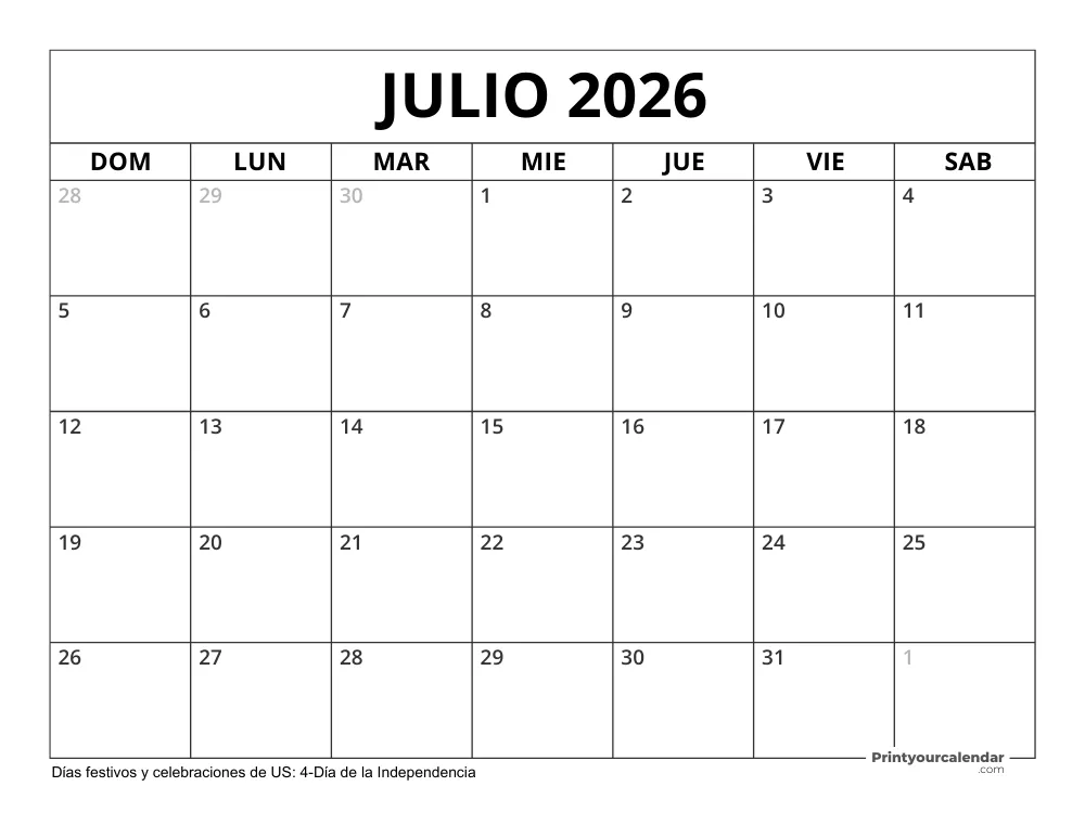 Calendario Julio 2026 con Días Feriados