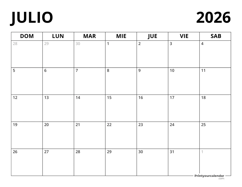Calendario Julio 2026 en blanco