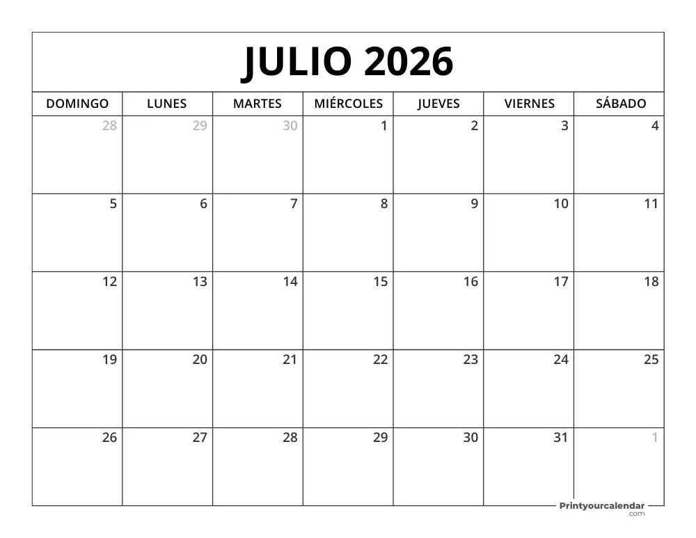 Calendario Julio 2026 Para Imprimir