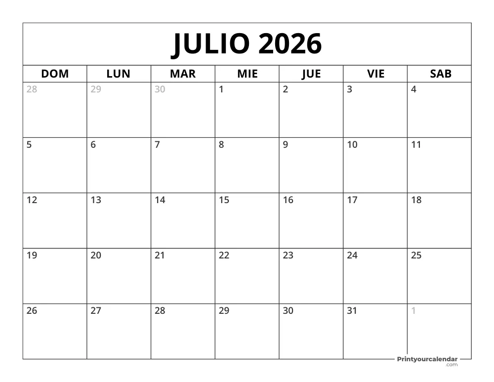 Calendario Julio 2026 Para Imprimir Gratis