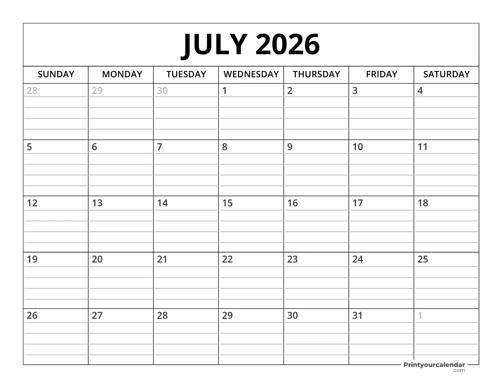 July 2026 Calendar Template 