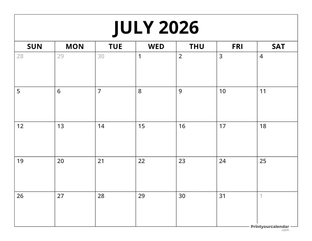 July 2026 Calendar July 2026 Calendar