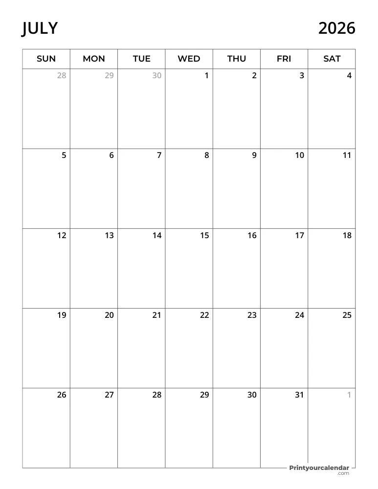 July Calendar 2026