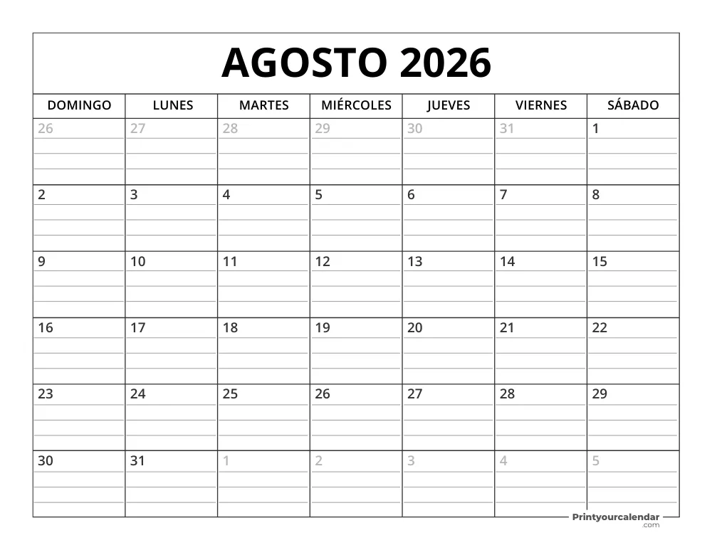 Calendario Agosto 2026 con Días Feriados 